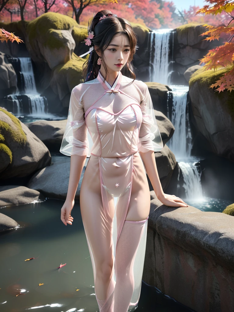 一个有着美丽脸庞的Sexy中国华裔女孩, Wearing avant-garde transparent fabric Hanfu, (((Light theme, Expose the subject, Sexy主题)))
(((rain, Very close to the waterfall, Autumn maple tree, Red maple leaf))),
((8K Ultra HD, 8K, Ultra-high resolution, Best quality, Super Fine, Clear focus. Masterpieces, complete pattern, Ultra HD, Detailed photos, Best image quality，Ultra-clear，Delicate facial features，Well-defined, Highly rated works, Close-up depth of field photography, Above the knee)), 
((Creating the image of a real girl), Realistic shadows, Soft lighting, Dynamic Angle, Dynamic poses, Elegant Posture, Cowboy lens, Full body front view, Be confident, Facing the camera, Eyes looking towards camera lens, Standing posture, Open your legs slightly, Golden Ratio Graphics, Minimalism, Center the character), 
( Smile, Sexy的, Balanced Eyes, Realistic eyes, Beautiful details of the eyes,Pretty Face, (Realistic face), Normal facial features, Realistic skin, Pay attention to skin details, Skin is clean and radiant, Whitening, Anatomically correct body, Golden ratio figure, Sexy的身材), 
(Perfect makeup, Gloves, earrings, bracelet, necklace, Jewelry, Hair accessories, shawl, sock, Knee socks, 吊garter, Leg ring, garter, 腿部garter), 
((beautiful hair), Dark brown hair, Fluffy hair, Wavy curly hairstyle, Waist-length hair, Messy Hairstyle, Gradient hairstyles, Cyberpunk Hairstyle, High double ponytail hairstyle), 
((Transparent clothes: 1.5), (Revealing clothes: 1.5),  (Wet clothes:1.5), (Color of clothes: Pink), Wearing transparent clothing, (((Transparent pink mesh Hanfu))), (((Transparent pink mesh tube top))), (((Transparent pink mesh tube top))),), 
(Sexy的, Perfect breast shape, Teardrop chest shape, Snow-white breasts, Very detailed breasts, 34C cup), 
(Super high waist, Deep V, Low-cut, Sexy, Flattering, Open crotch, (Clear camel toe, (High fork strangulation))),
(((Clear outline, Clear underwear, 透明Sexy的穿着)))