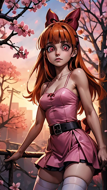 (1girl, solo, (Blossom:1.5)), (extremely detailed CG unit 8k wallpaper),(master part), (best quality), (ultra detail), (best illustration),(Totally Spies, art style), cowboy shot, (Sharp eyeliner, ombre, detailed eyes:1), zombie, dark, horrible, outdoors background, ,break,  (digital art), upper body, (orange hair, blunt bangs, pink eyes:1.2), (hair bow, red bow, simple pink dress, simple black belt, white thighhighs:1.2)