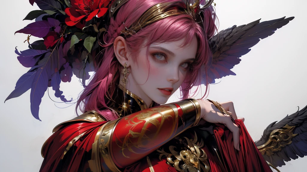 a beautiful woman with delicate features, wearing a regal red and white shirt, sitting on a chair against a blue background, black and purple wings, holding a sword, a crown on her head, surrounded by a tangled floral design with glowing skin, highly detailed, fractal art style, dynamic pose, vibrant color palette focused on red, and white, perfect proportion and anatomically correct details, futuristic, cyberpunk, ink punk aesthetic, paint tray and ink splatter elements, (best quality,4k,8k,highres,masterpiece:1.2),ultra-detailed,(realistic,photorealistic,photo-realistic:1.37),HDR,UHD,studio lighting,ultra-fine painting,sharp focus,physically-based rendering,extreme detail description,professional,vivid colors,bokeh