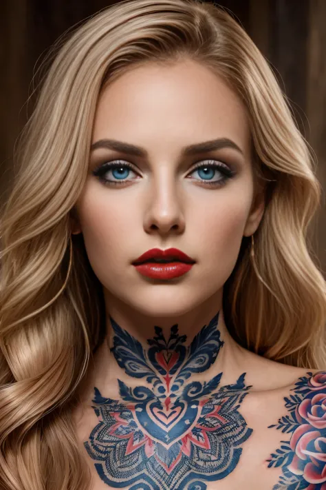 portrait photo of a beautiful woman with a beautiful face, tattooed neck graceful neck, red full lips, , blue expressive eyes, h...