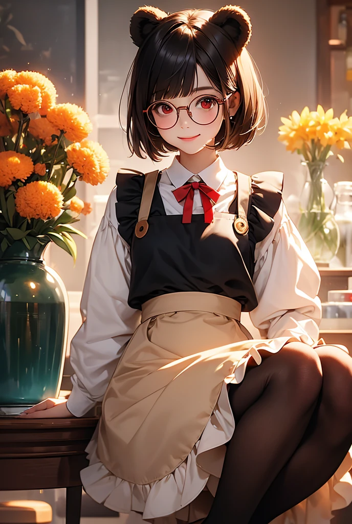 1girl,Look at, smile, Bear Ears,Round Glasses,Cocoa brown hair,Short Bob,Bangs are blunt,White blouse,Red mimosa skirt,Brown apron,Black tights,Brown boots,Red ribbon around neck,Red eyes,(Anatomically correct, accurate, Best Quality, )