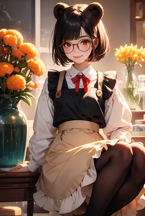 1girl,look at, smile, bear ears,round glasses,cocoa brown hair,short bob,bangs are blunt,white blouse,red mimosa skirt,brown apr...