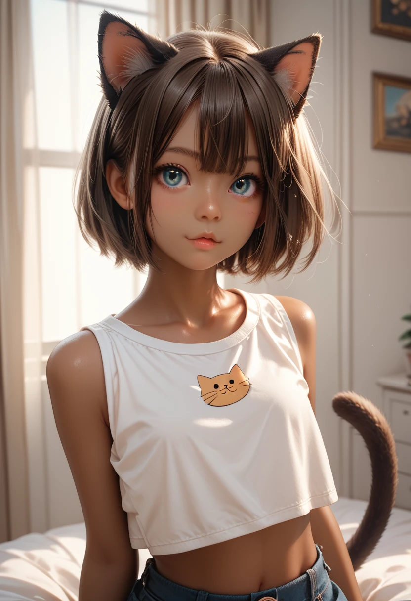 Young girl、Slender body、Very cute、Dark brown short bob, Cat ears and tail, Healthy brown skin and bright blue eyes