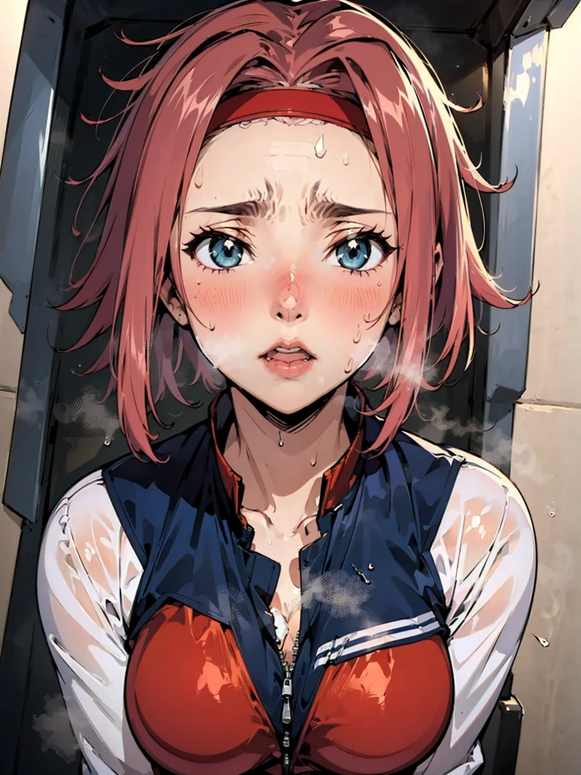 Karen Kouzuki、Best Quality, masterpiece, High resolution, Alone,Red pilot suit,Red headband,((Fully clothed、Facial sweat、blush)),、Pink Hair、In the cockpit、breath、Sweat flying