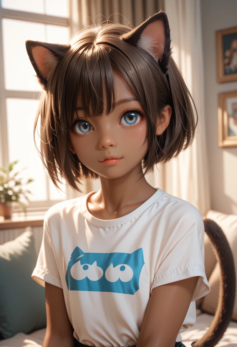 Young girl、Slender body、Very cute、Dark brown short bob, Cat ears and tail, Healthy brown skin and bright blue eyes