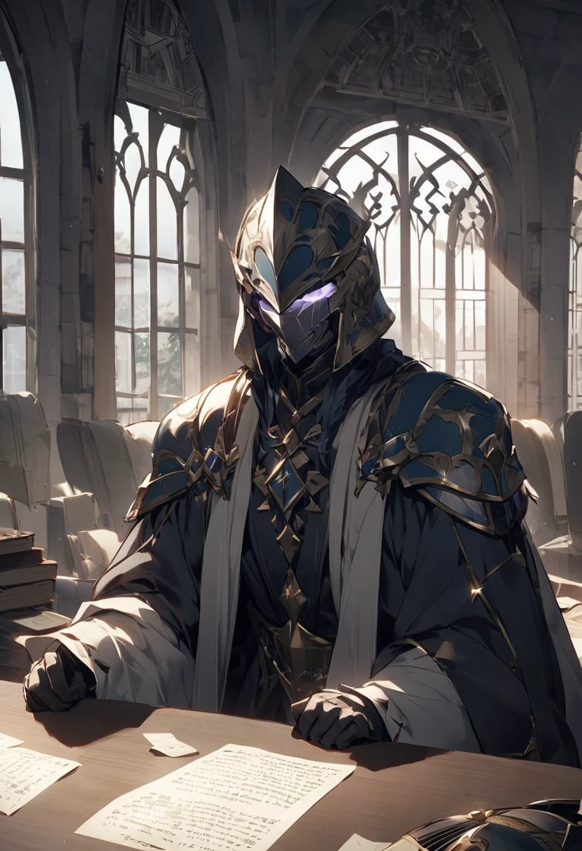 Naoe Kanetsugu is holding an important meeting in the castle.、Helmet『like』A scene where the letters are shifted significantly diagonally。He has a serious look on his face as he plans a strategy with his retainers.、そのHelmetズレ具合がどうにも滑稽で、The retainers exchanged glances for a moment.、She modestly looks away while trying to hold back her laughter.。The light coming in through the hall window、Misaligned『like』Make the letters stand out even more、There&#39;s a strange atmosphere inside the castle.