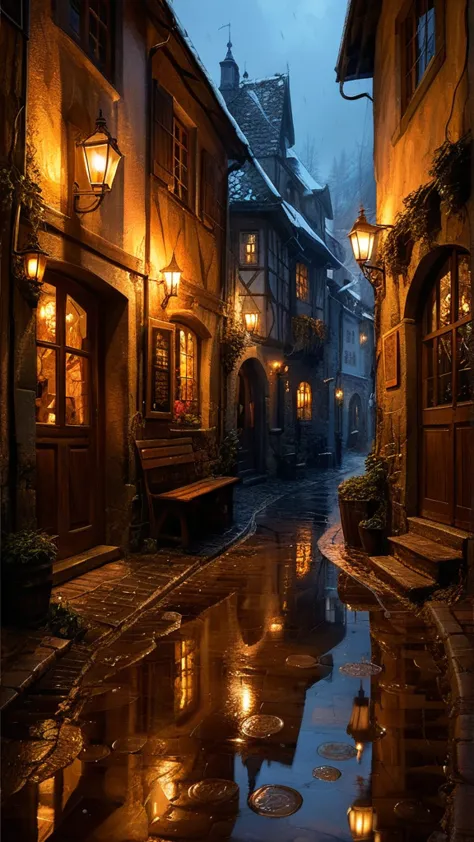 illustration by basil gogos and daniel gerhartz, charming tavern in a street alley, medieval village, rain, moody, reflections i...