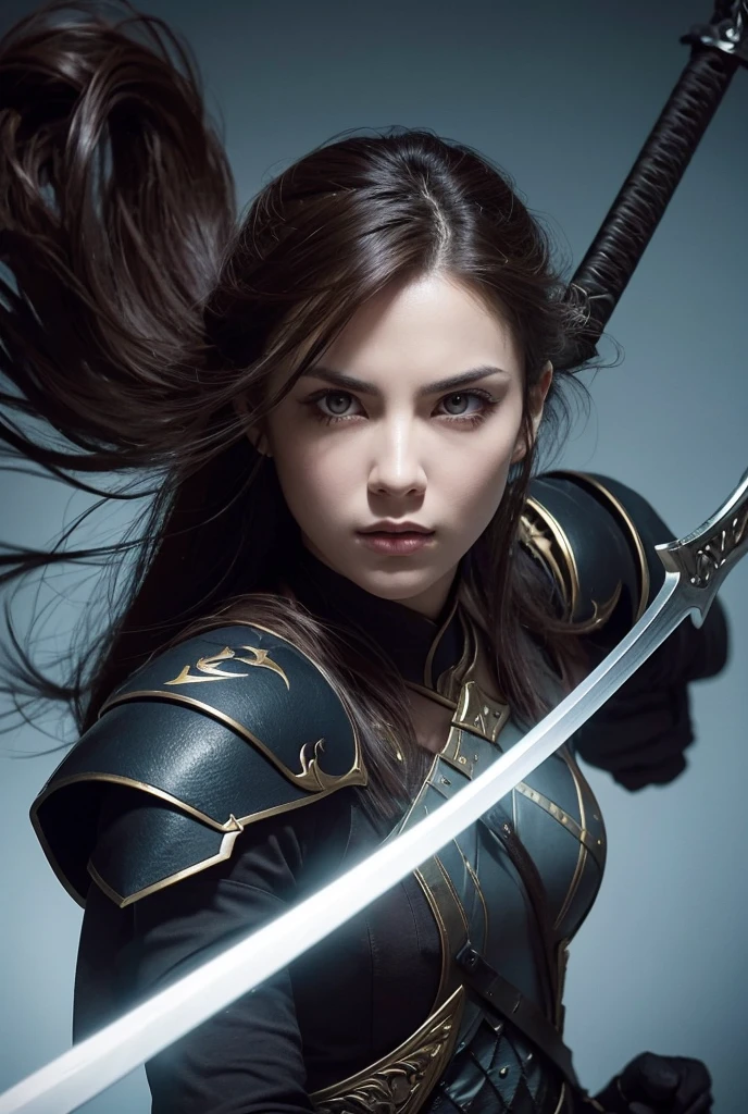 Woman wielding a broadsword, upper body composition, sword pointed directly at viewer, blade extending from bottom center to middle of frame, leading line from sword tip to woman's face, emphasis on intense eyes in upper third of image, shallow depth of field focusing on eyes, slight low angle view to create imposing presence, dramatic side lighting from left highlighting facial features and sword edge