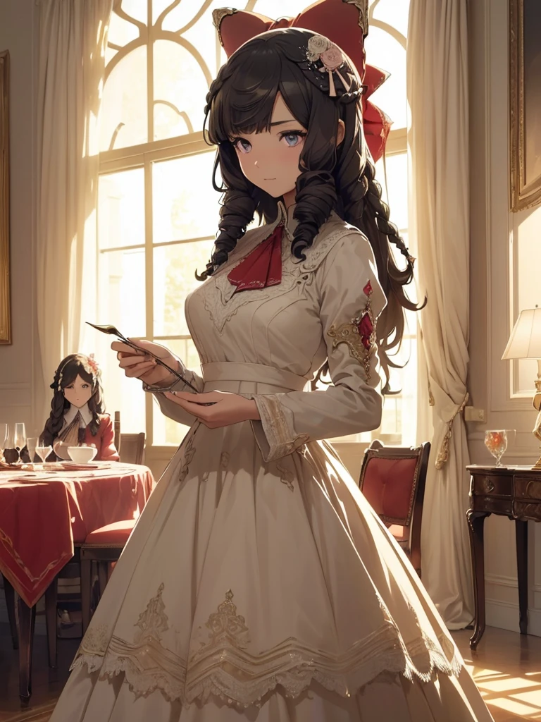 ((​masterpiece、top-quality、hight resolution、Unity 8k、extremely details CG:1,Best Picture), daiichi_ruby, 1girl, animal ears, horse ears, horse girl, long hair, hair ornament, black hair, hair bow, braid, horse tail, drill hair, tail, hair flower, "A group of elegant women gathered for a refined tea party in a luxurious parlor. They are seated around a beautifully set table, with fine china, delicate pastries, and a teapot placed elegantly in the center. The women are dressed in exquisite gowns, engaging in polite conversation, with graceful gestures and soft smiles. The atmosphere is sophisticated and relaxed, with sunlight streaming through large windows, casting a warm glow over the scene."