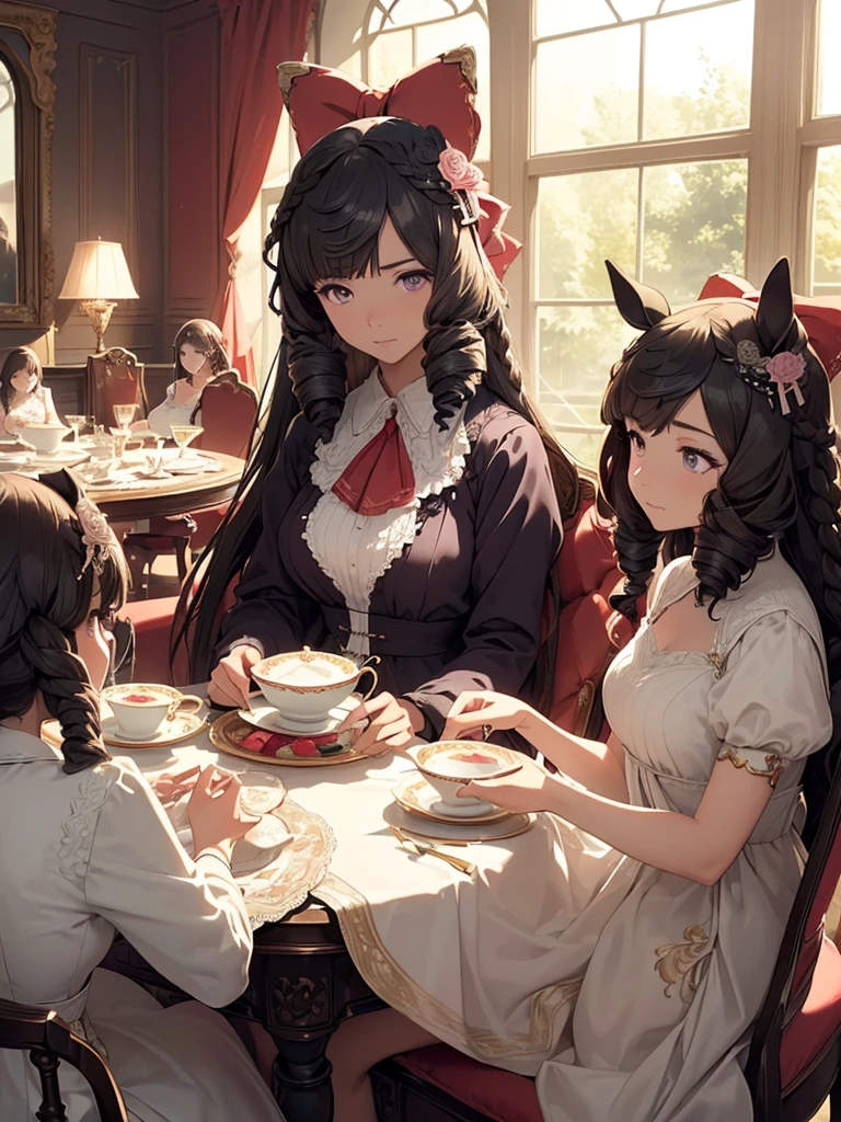 ((​masterpiece、top-quality、hight resolution、Unity 8k、extremely details CG:1,Best Picture), daiichi_ruby, 1girl, animal ears, horse ears, horse girl, long hair, hair ornament, black hair, hair bow, braid, horse tail, drill hair, tail, hair flower, "A group of elegant women gathered for a refined tea party in a luxurious parlor. They are seated around a beautifully set table, with fine china, delicate pastries, and a teapot placed elegantly in the center. The women are dressed in exquisite gowns, engaging in polite conversation, with graceful gestures and soft smiles. The atmosphere is sophisticated and relaxed, with sunlight streaming through large windows, casting a warm glow over the scene."