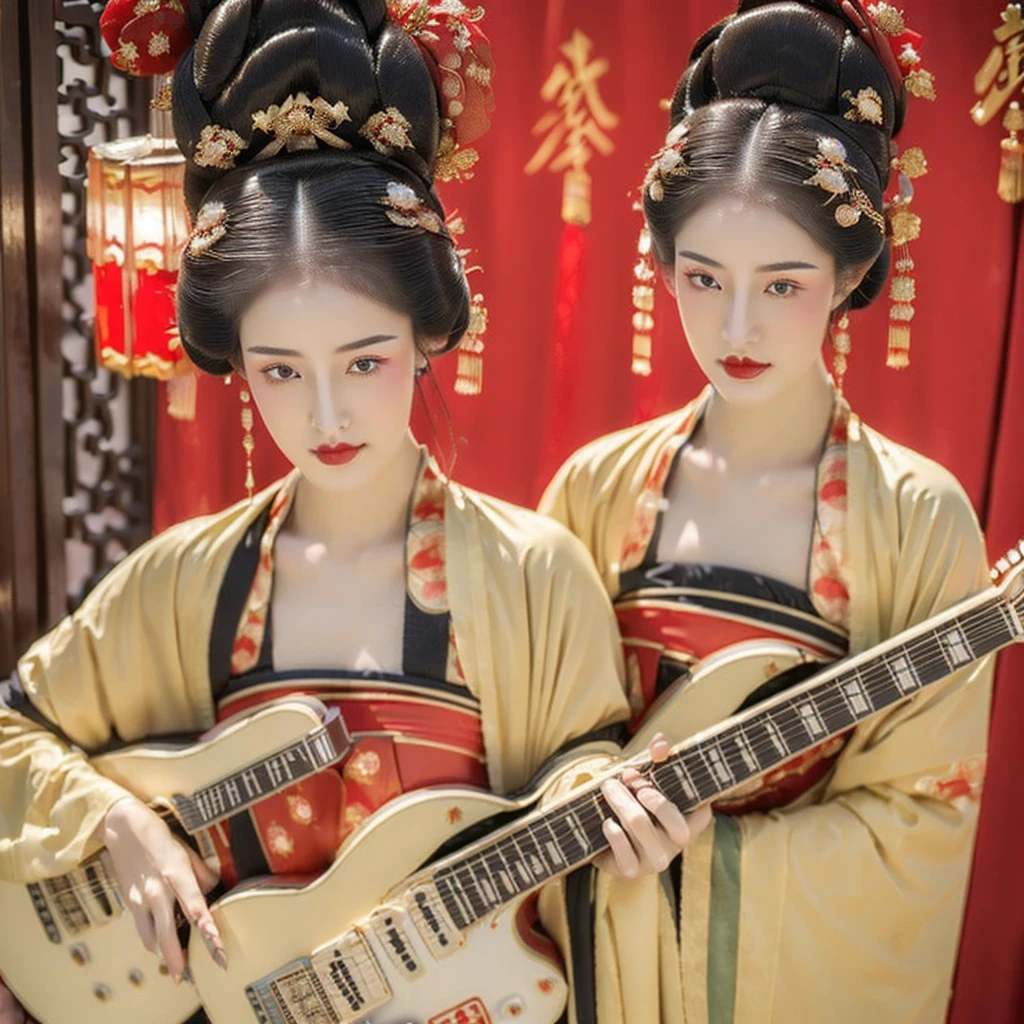 ((high quality, 【8k, masterpiece: 1.3)), sharp focus :1.2, ((Slim and charming figure)). Super detailed face, Lips are very detailed, delicate eyes, long eyelashes, Makeup face. Red lipstick. hair accessories, bun, grace, enchanting, ((Chinese traditional clothing)) ，(((With electric guitar)))，(((rock star)))，(((whole body)))，Sing