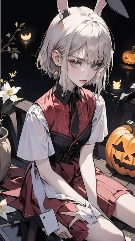 halloween,pumpkin, anime she have a short silver hair, pink long dress,pink eyes,pink bunny ears , beautiful face,random view,wi...