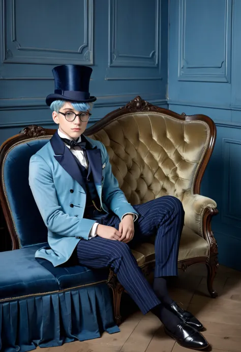 one boy,a handsome 1 man wearing glasses sits cross-legged on a one-seater antique sofa,(light blue short hair),a plain, low-slu...