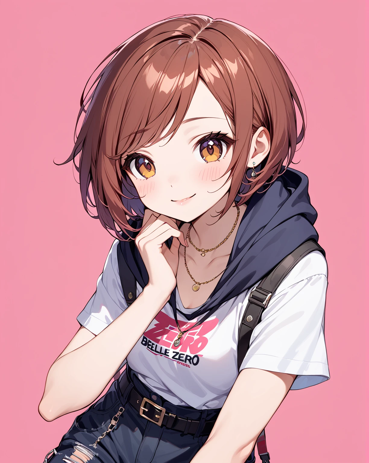 a drawing of an anime girl,  1girl, solo, pants, blush stickers, smile, brown eyes, brown hair, necklace, looking at viewer, belt, gloves, white shirt, short sleeve hoodie, open hoodei, short hair, punk girl ,Belle_(Zenless_Zone_Zero)