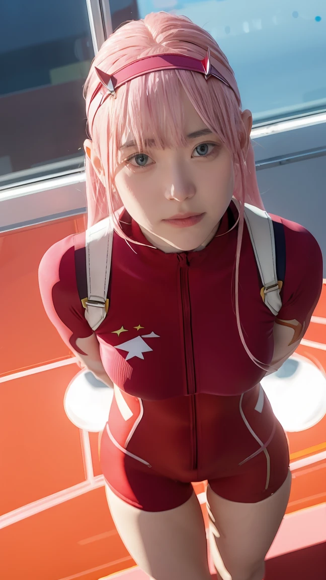 (Overhead view),dynamic angle,ultra-detailed, illustration, straight on, 1girl, ((Zero two, interface headband with a pair of horns, red bodysuit:1.4, pink hair)), Her eyes shone like dreamy stars,(glowing eyes:1.233),(beautiful and detailed eyes:1.1),(expressionless, closed mouth),(standing), (mechanic room with tools and spaceship window in a white SPACESHIP), (night:1.2), dreamy, [[delicate fingers and hands:0.55]::0.85],(detail fingers),