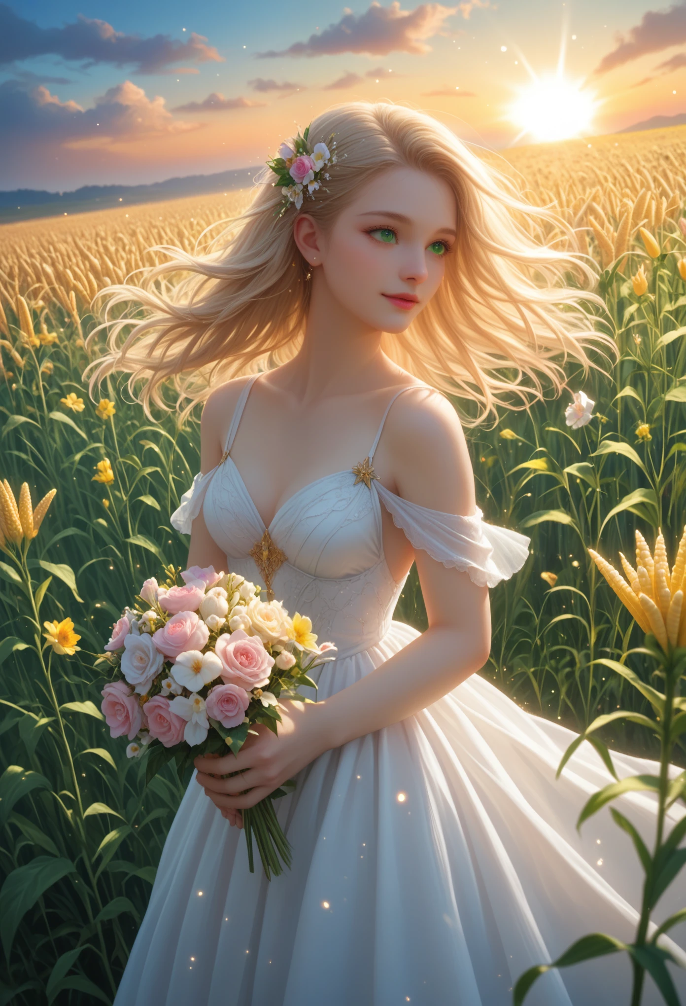 Anime Girl With Flower In Hand, Holds a Peony Flower, Dressed in a light dress, from Fluffy Fabric, Sparkling like the Stars, White Beautiful Hair Develops, Delicate green eyes, Beautiful make-up, Stands in the Field where the Ears of Corn grow, Gentle Light of the Sun Shines on the Beautiful Girl, Her Eyes Are Full of Joy, The wind gently sways the ears of wheat, masterpiece, Best quality, maximum details, A game of shadows,  core_9, score_8_up, score_7_up,
