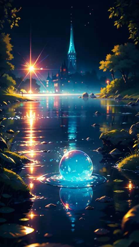 far shot of a lake,super cute slime,reflecting light,colorful bubbles,magical lake,ultra-detailed,best quality,soft lighting, fa...