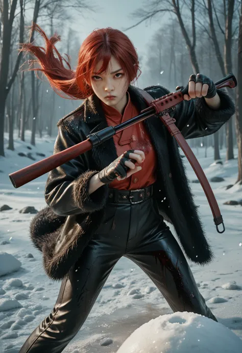 female hunter holds rifle in snowball fight pose,oriental,blade and soul,ink style,long red hair,leather and fur coat,cold,artwo...