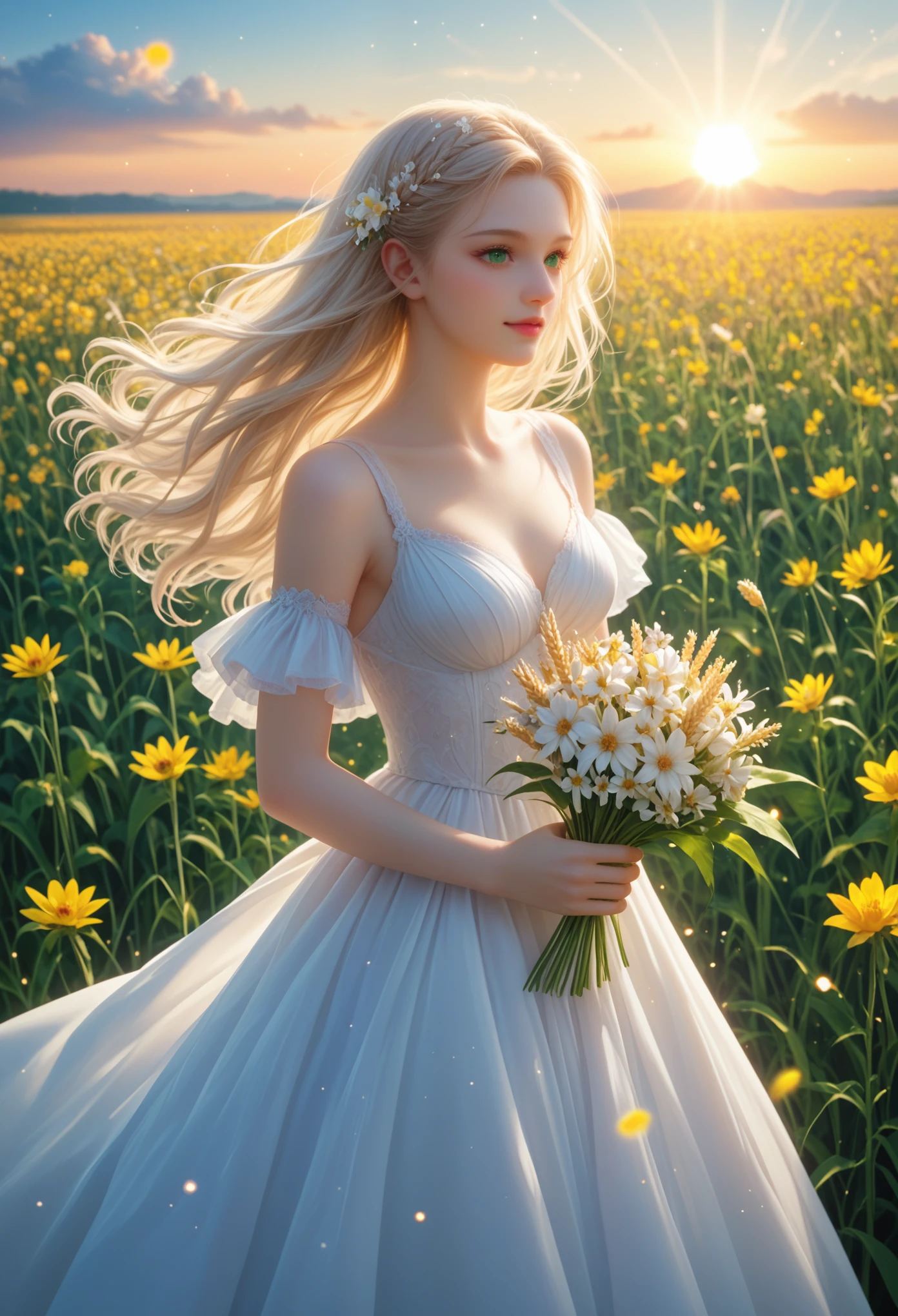 Anime Girl With Flower In Hand, Holds a Peony Flower, Dressed in a light dress, from Fluffy Fabric, Sparkling like the Stars, White Beautiful Hair Develops, Delicate green eyes, Beautiful make-up, Stands in the Field where the Ears of Corn grow, Gentle Light of the Sun Shines on the Beautiful Girl, Her Eyes Are Full of Joy, The wind gently sways the ears of wheat, masterpiece, Best quality, maximum details, A game of shadows,  core_9, score_8_up, score_7_up,
