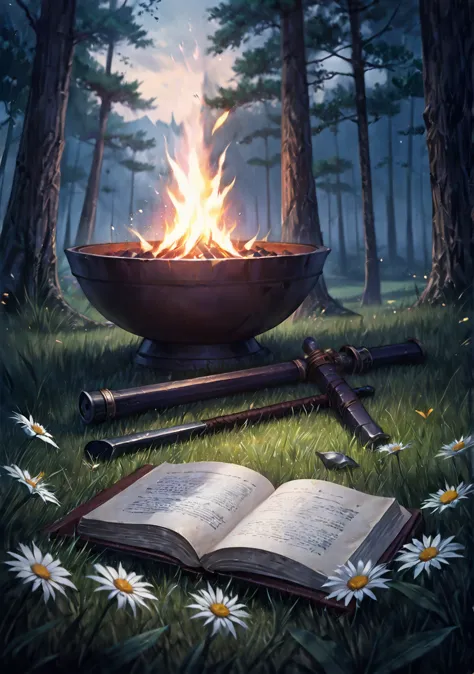 there is a book and ninja equipment on the grass near a fire pit, fantasy rpg book illustration, fantasy book illustration, rpg ...