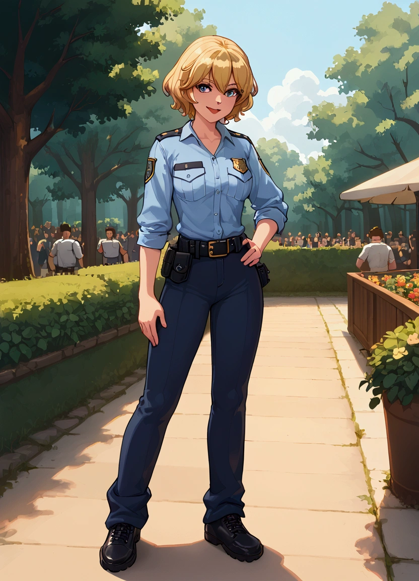 score_9, score_8_up, score_7_up, score_6_up, score_5_up, score_4_up, mirandawright, short hair, blonde hair, police uniform, solo, unzipped pants, belt undone, pants undone, underwear showing, pants down at ankles, bare legs, standing. cuerpo completo en escena, full body view, full body view, front shot, long distance shot, standing in the middle of a park, add people in the background, full body view, crowd looking at her, laughing at her and taking pics of her. Crowd looking at her. (mejor calidad,alta resolución), arte de pixel, colores vibrantes, Atmósfera nostálgica, Jugabilidad inmersiva, gráficos de 16 bits, controles perfectos de píxeles, pixel art
