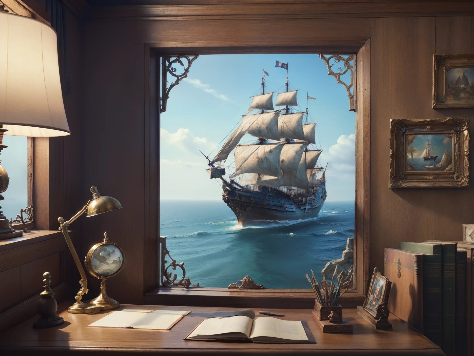 water cube, ocean、Coral Reef、Beautiful fish、treasure、1 Galleon、Smooth sailing、(On the desk in the study)、(Classic)、(Vintage)、Simple Background、Best Quality、High image quality、masterpiece、4K、8k、wallpaper、