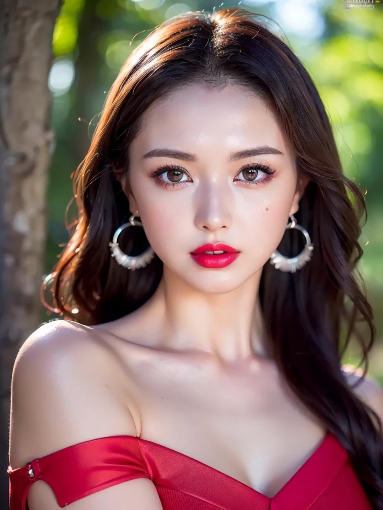 (UHigh resolution, retina, masterpiece, Accurate, Anatomically correct, Textured skin, Super Detail, Attention to detail, high quality, 最high quality, High resolution, 1080P, High resolution, 4K, 8k, 16k), (美しいAttention to detail目, Beautiful lip detail, Highly detailed eyes and face), Soft lighting, Physically Based Rendering, Vibrant colors,(((最high quality、masterpiece, 高精細CG8kイラスト, Highly detailed lights and shadows, Highly detailed face and eyes,masterpiece, 最high quality, Alone, One girl, Glowing Skin, Earrings, Splendid, Whimsical details, Bright red lips, Fascinating, Bare shoulders,Shallow depth of field,Bright Red Dress, Contrasting, Professional Model, frontを向く、front, Portraiture , Left detailed pupil,Right symmetrical pupil,Wavy Hair))), (Glowing Skin), (Wide-angle),(Alone),  (Urzan-6500:0.33)、Outdoor、(((Full Body Shot,Glossy legs)))