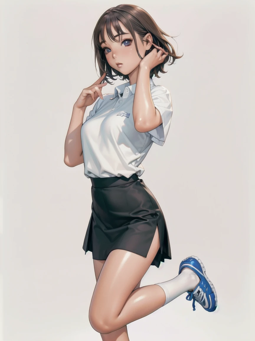 score_9, score_8_up, score_7_up,source_anime, high res image,masterpiece,best quality,(girl:1),cute face,clear skin,shiny hair,ultra detailed eyes,simple background girl run, running,hand up,school uniform, shirt, skirt,shoes,looking at viewer
