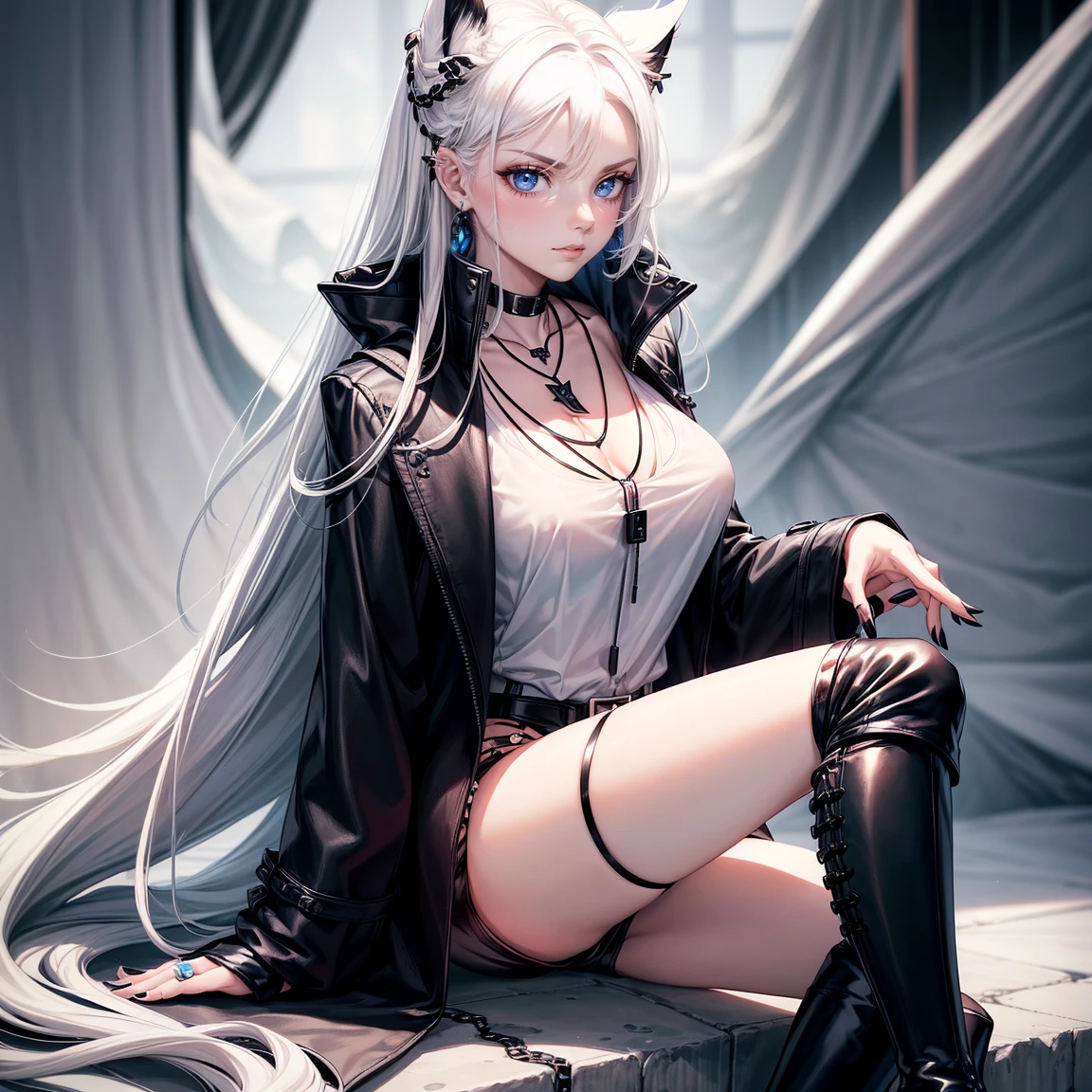 1 beautiful woman, white hair, Long hair, blue eyes, blue eye, micro shorts, long black boots, black coat, white shirt, collar, earrings in the ears, lots of earrings, fierce look, arrogant woman, vestindo um overcoat black, ((white hair, blue eye)), tattoos on the body, black tattoos, medium breasts, neon, white hair, ((black tattoos)), high boots, ((sitting)), 1 woman, (((1 girl))), ((((black shorts, long black boots, black coat, white shirt, necklace, earrings)))), EAR PIERCING