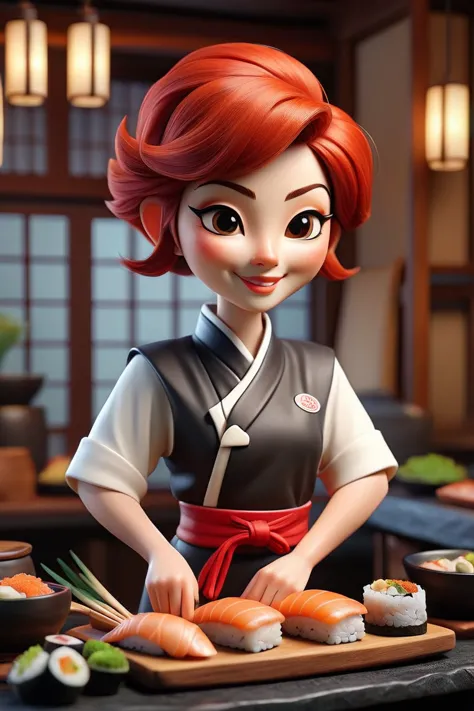 a small virtual 3d cartoon model of an old japanese sushi chef, magical, red hair, short pixie cut, smiling, detailed face, eyel...