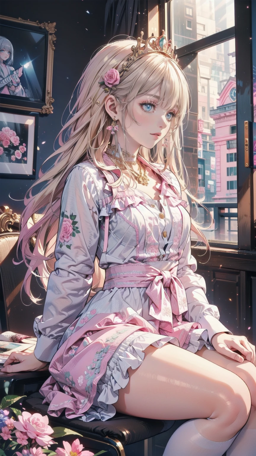 (8k, Best Quality, masterpiece: 1.2), Ultra-high resolution,,Marie Antoinette,Ultra-detailed face,Fine grain,Open your mouth a little,(Blonde),Long Hair,Wavy Hair, break,Rococo Ruffle Dress,Long sleeve dress,The dress includes an extra long skirt,Baroque Dress, Intricate fantasy dress, glamorous ruffled dresses, Romantic Dress, Ruffled Costume,Raffle, Data Style, Formal Wear, Fancy Fashion, palate colors include pink and white,(pink:1.5),Class A Smile,Gold Tiara, necklace,Sit in a luxurious chair,Hands on knees,(Rainbow light:1.4),,Profile of a person gazing out a window,The rosebush is reflected in the window,(Inside Victoria Palace)、Her eyes sparkle、Now her blonde hair reaches down to her waist、Rose-colored gradation and three, 薄いpinkのロック. 彼女は花柄の装飾が施されたGold Tiaraを着用し、Matching earrings, White flower choker. 彼女は金色のボタンで縁取られたフリル付きの白いストライプのpinkのトップを着ている, The white sleeves are shaped like flower buds.. A magenta ribbon runs along her chest.、Tied behind the neck、Matching chest piece, Decorated with flowers. Her frilly skirt is divided by a white lining, Fastened with a large magenta ribbon、Decorated with gold, There is a small ribbon on the back. Her miniskirt is、薄いpinkのマゼンタの貝殻状の裏地と白い花のペチコートでできている. 彼女はpinkの花がついた白い手袋も着用している, 白と薄いpinkの靴には、ゆるいカフとDecorated with flowersたマゼンタのリボンがある.