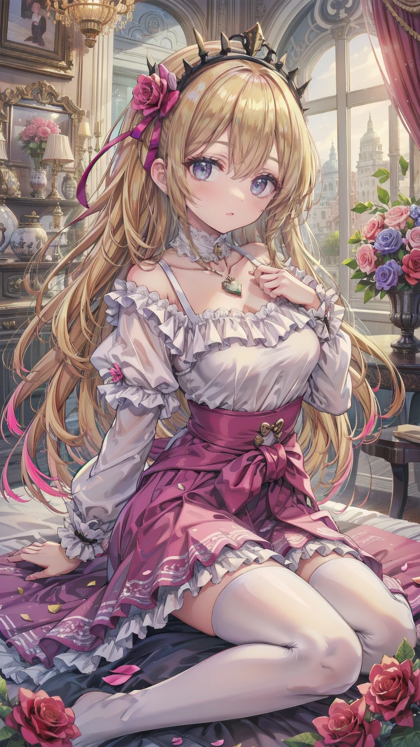 (8k, Best Quality, masterpiece: 1.2), Ultra-high resolution,,Marie Antoinette,Ultra-detailed face,Fine grain,Open your mouth a little,(Blonde),Long Hair,Wavy Hair, break,Rococo Ruffle Dress,Long sleeve dress,The dress includes an extra long skirt,Baroque Dress, Intricate fantasy dress, glamorous ruffled dresses, Romantic Dress, Ruffled Costume,Raffle, Data Style, Formal Wear, Fancy Fashion, palate colors include pink and white,(pink:1.5),Class A Smile,Gold Tiara, necklace,Sit in a luxurious chair,Hands on knees,(Rainbow light:1.4),,Profile of a person gazing out a window,The rosebush is reflected in the window,(Inside Victoria Palace)、Her eyes sparkle、Now her blonde hair reaches down to her waist、Rose-colored gradation and three, 薄いpinkのロック. 彼女は花柄の装飾が施されたGold Tiaraを着用し、Matching earrings, White flower choker. 彼女は金色のボタンで縁取られたフリル付きの白いストライプのpinkのトップを着ている, The white sleeves are shaped like flower buds.. A magenta ribbon runs along her chest.、Tied behind the neck、Matching chest piece, Decorated with flowers. Her frilly skirt is divided by a white lining, Fastened with a large magenta ribbon、Decorated with gold, There is a small ribbon on the back. Her miniskirt is、薄いpinkのマゼンタの貝殻状の裏地と白い花のペチコートでできている. 彼女はpinkの花がついた白い手袋も着用している, 白と薄いpinkの靴には、ゆるいカフとDecorated with flowersたマゼンタのリボンがある.
