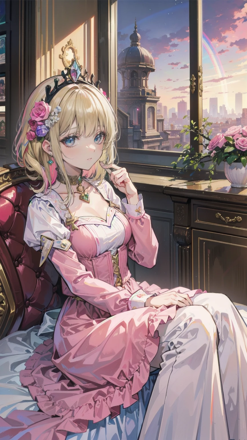 (8k, Best Quality, masterpiece: 1.2), Ultra-high resolution,,Marie Antoinette,Ultra-detailed face,Fine grain,Open your mouth a little,(Blonde),Long Hair,Wavy Hair, break,Rococo Ruffle Dress,Long sleeve dress,The dress includes an extra long skirt,Baroque Dress, Intricate fantasy dress, glamorous ruffled dresses, Romantic Dress, Ruffled Costume,Raffle, Data Style, Formal Wear, Fancy Fashion, palate colors include pink and white,(pink:1.5),Class A Smile,Gold Tiara, necklace,Sit in a luxurious chair,Hands on knees,(Rainbow light:1.4),,Profile of a person gazing out a window,The rosebush is reflected in the window,(Inside Victoria Palace)、Her eyes sparkle、Now her blonde hair reaches down to her waist、Rose-colored gradation and three, 薄いpinkのロック. 彼女は花柄の装飾が施されたGold Tiaraを着用し、Matching earrings, White flower choker. 彼女は金色のボタンで縁取られたフリル付きの白いストライプのpinkのトップを着ている, The white sleeves are shaped like flower buds.. A magenta ribbon runs along her chest.、Tied behind the neck、Matching chest piece, Decorated with flowers. Her frilly skirt is divided by a white lining, Fastened with a large magenta ribbon、Decorated with gold, There is a small ribbon on the back. Her miniskirt is、薄いpinkのマゼンタの貝殻状の裏地と白い花のペチコートでできている. 彼女はpinkの花がついた白い手袋も着用している, 白と薄いpinkの靴には、ゆるいカフとDecorated with flowersたマゼンタのリボンがある.
