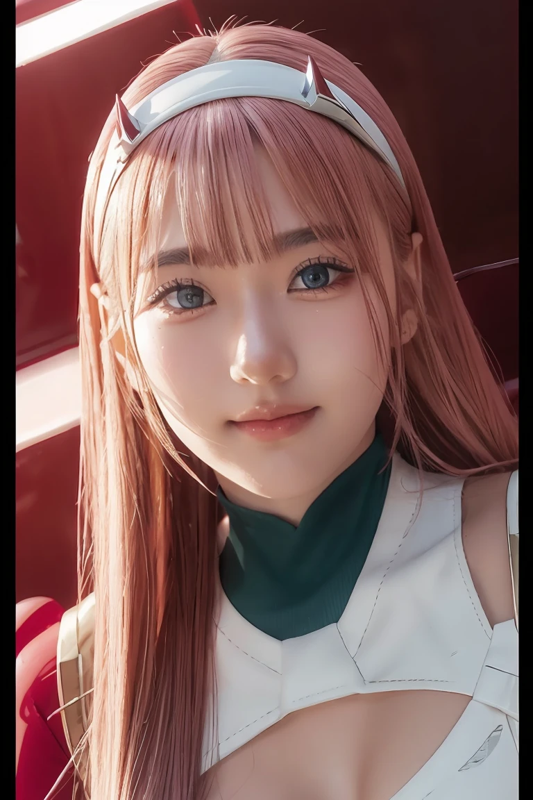 ((best quality)),((highly detailed)),masterpiece, detailed face,beautiful face,((detailed eyes, deep eyes)),(1girl),((dynamic pose)), Zero_Two, green eyes, 1girl, solo, red bodysuit, long hair, pilot suit, pink hair, bodysuit, straight hair, hairband, standing, horns, breasts, bangs, closed mouth, looking at viewer, medium breasts, white hairband, skin tight, blunt bangs, makeup, eyeshadow, very long hair, sidelocks, expressionless, hair between eyes, red horns, shiny hair, smile