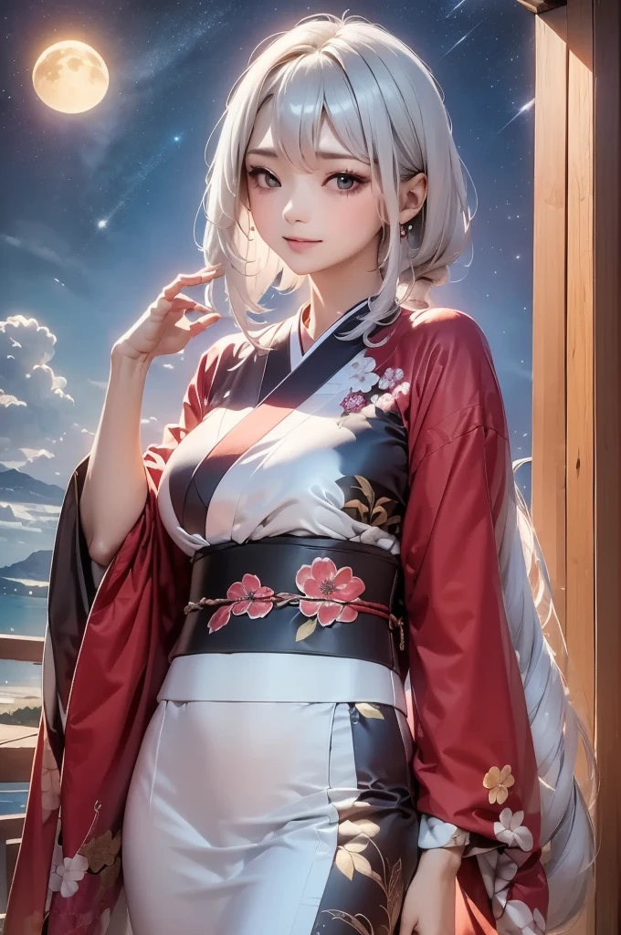 masterpiece, best quality, highly detailed, 1girl, white hair, face: sweet girl, laugh kimono, black kimono, Matte texture clothing. look up at the night sky.