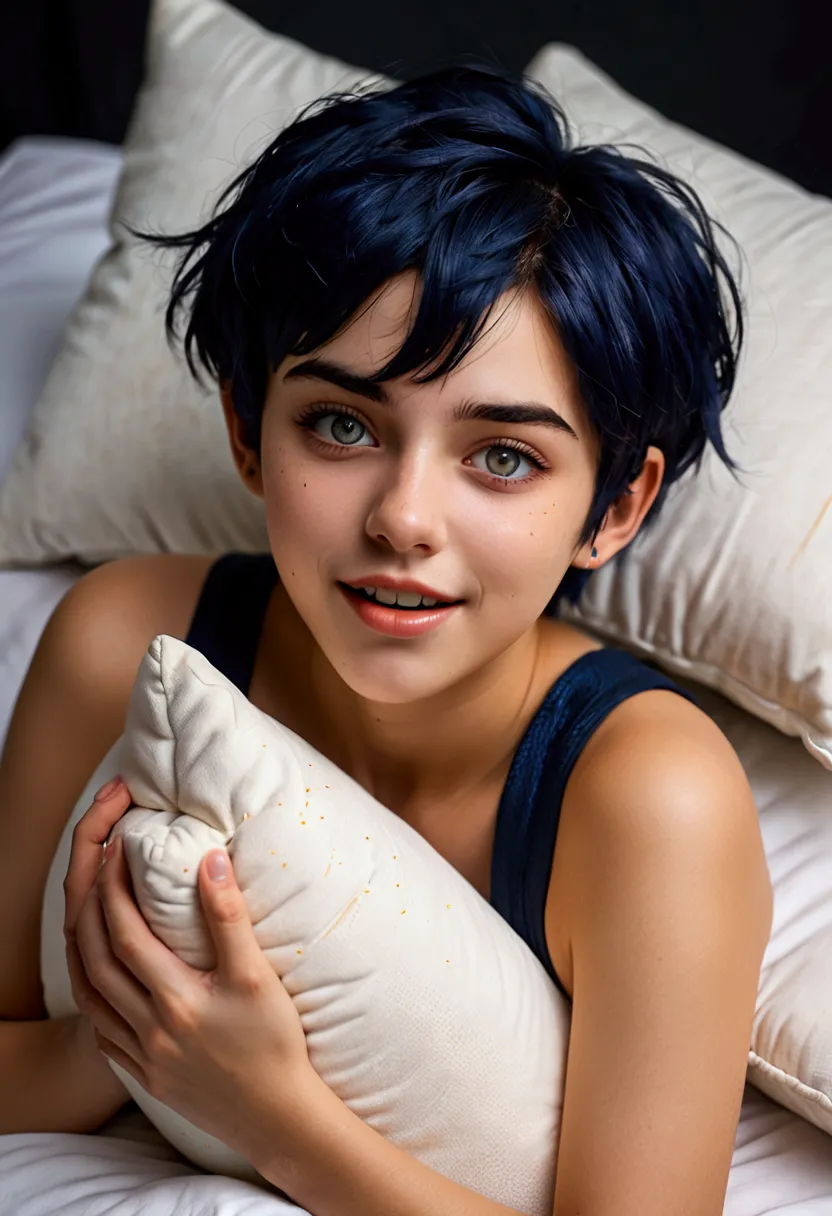 adolescente, 18 ans, masturbates with pillow, dark blue hair, half-closed eyes, amber eyes, pixie cut, open mouth, holding breat...