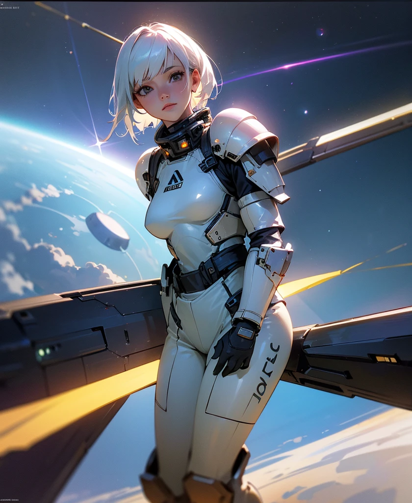 Top quality, ultra high resolution, (photorealistic: 1.4), jumpsuit, sci-fi space background, circuit plate mail, medium breasts, realistic world, outdoors, light hair, armour, space, knight, white hair, 1girl,