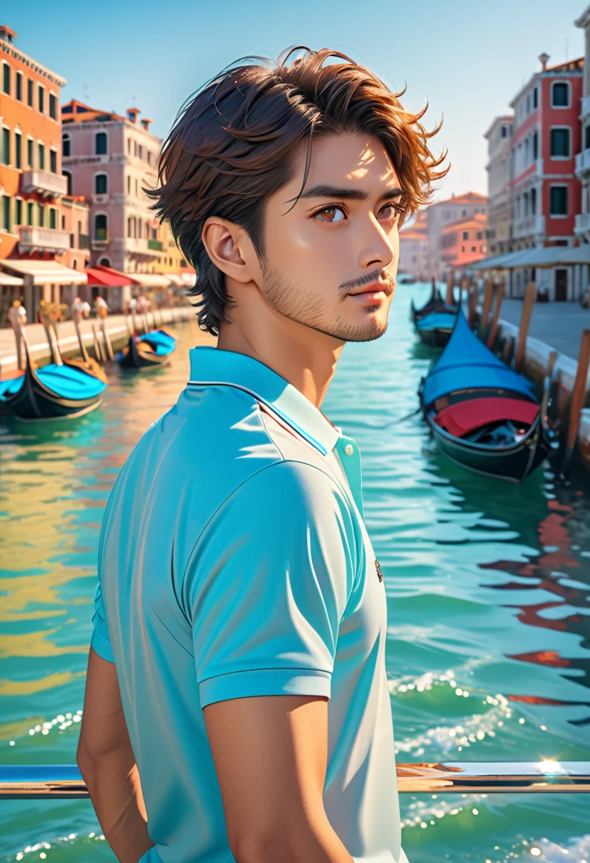 (masterpiece, Best Quality:1.2), One Man、Japanese、(side), Brown eyes, Beautiful Face, beautiful eyes, Big eyes、Short sleeve polo shirt、Backlight, Standing on the quay of the harbor, (sea、Shining Water Surface), Wave, Venice landscape background, Vibrant colors, Bright sunlight, 8k, Ultra HD、Side Shot、Stubble under the chin