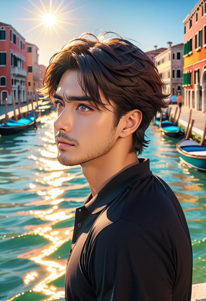 (masterpiece, Best Quality:1.2), One Man、Japanese、(side), Brown eyes, Beautiful Face, beautiful eyes, Big eyes、Short sleeve black polo shirt、Backlight, Standing on the quay of the harbor, (sea、Shining Water Surface), Wave, Venice landscape background, Vibrant colors, Bright sunlight, 8k, Ultra HD、Side Shot、Stubble under the chin