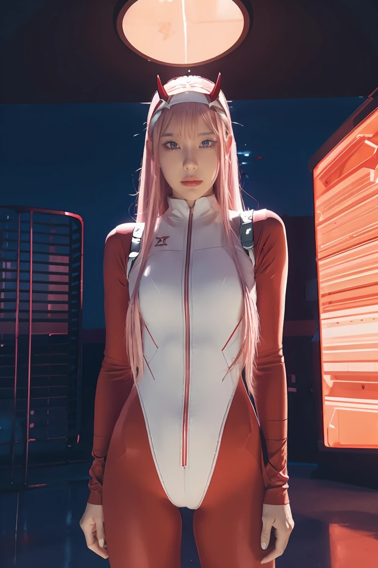 dynamic angle,ultra-detailed, illustration, straight on, 1girl, ((Zero two, interface headband with a pair of horns, red bodysuit:1.4, pink hair)), Her eyes shone like dreamy stars,(glowing eyes:1.233),(beautiful and detailed eyes:1.1),(expressionless, closed mouth),(standing), (mechanic room with tools and spaceship window in a white SPACESHIP), (night:1.2), dreamy, [[delicate fingers and hands:0.55]::0.85],(detail fingers), smirk,