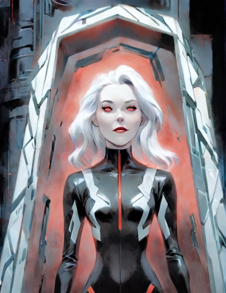 Pale Middle aged white haired Woman wearing a black sci-fi body suit. She has a calm dead pan expression. She is laying inside a geometric scifi cofgin that glows red. The room is very dark with tye only light coming from her coffin.