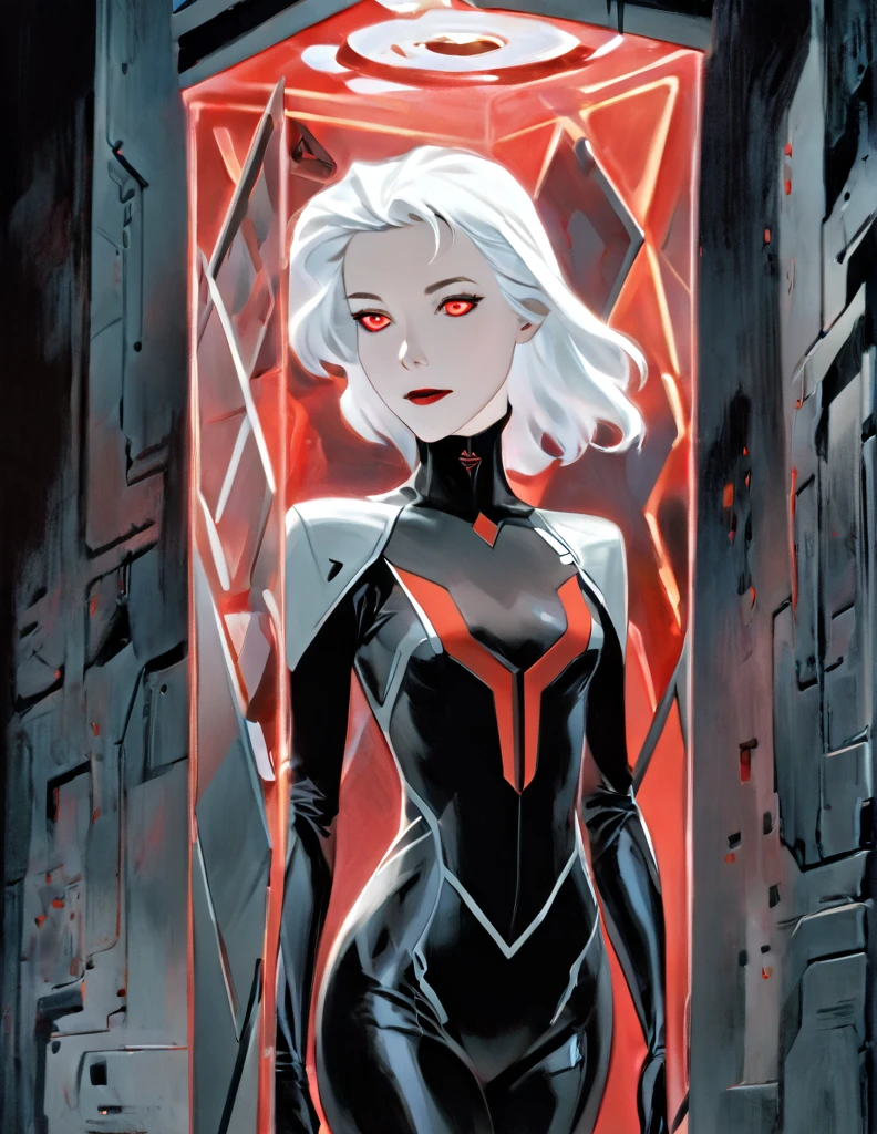 Pale Middle aged white haired Woman wearing a black sci-fi body suit. She has a calm dead pan expression. She is laying inside a geometric scifi coffin that glows red. The room is very dark with the only light coming from her coffin. Yhe whites of her eyes are black