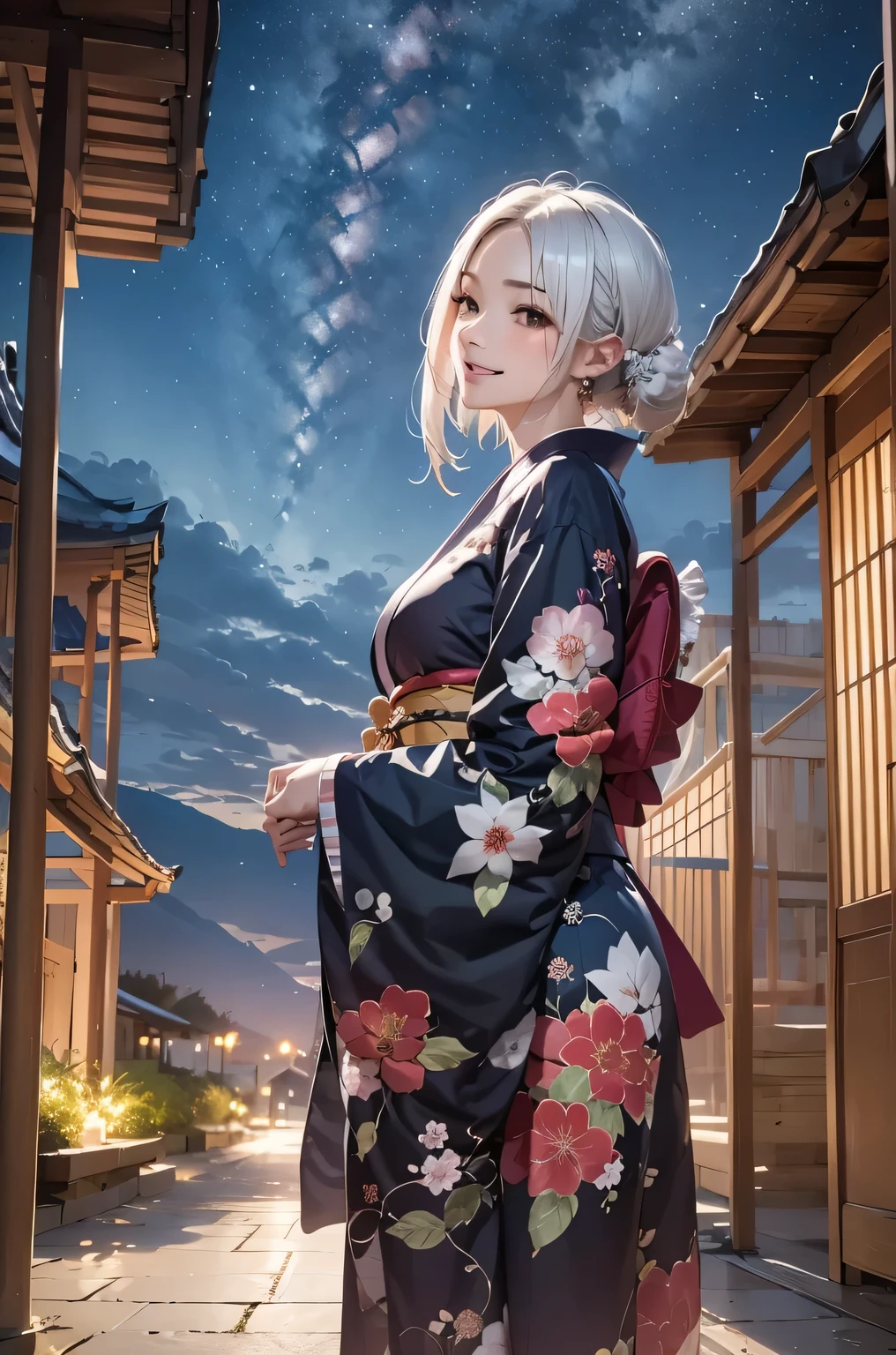 masterpiece, best quality, highly detailed, 1girl, white hair, face: sweet girl, laugh kimono, black kimono, Matte texture clothing. look up at the night sky.
