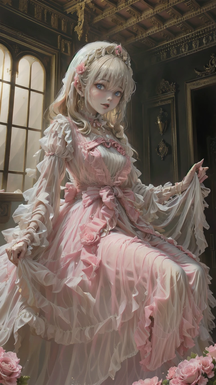 (8k, Best Quality, masterpiece: 1.2), Ultra-high resolution,,Marie Antoinette,Ultra-detailed face,Fine grain,Open your mouth a little,(Blonde),Long Hair,Wavy Hair, break,Rococo Ruffle Dress,Long sleeve dress,The dress includes an extra long skirt,Baroque Dress, Intricate fantasy dress, glamorous ruffled dresses, Romantic Dress, Ruffled Costume,Raffle, Data Style, Formal Wear, Fancy Fashion, palate colors include pink and white,(pink:1.5),Class A Smile,Gold Tiara, necklace,Sit in a luxurious chair,Hands on knees,(Rainbow light:1.4),,Profile of a person gazing out a window,The rosebush is reflected in the window,(Inside Victoria Palace)、Her eyes sparkle、Now her blonde hair reaches down to her waist、Rose-colored gradation and three, 薄いpinkのロック. 彼女は花柄の装飾が施されたGold Tiaraを着用し、Matching earrings, White flower choker. 彼女は金色のボタンで縁取られたフリル付きの白いストライプのpinkのトップを着ている, The white sleeves are shaped like flower buds.. A magenta ribbon runs along her chest.、Tied behind the neck、Matching chest piece, Decorated with flowers. Her frilly skirt is divided by a white lining, Fastened with a large magenta ribbon、Decorated with gold, There is a small ribbon on the back. Her miniskirt is、薄いpinkのマゼンタの貝殻状の裏地と白い花のペチコートでできている. 彼女はpinkの花がついた白い手袋も着用している, 白と薄いpinkの靴には、ゆるいカフとDecorated with flowersたマゼンタのリボンがある.
