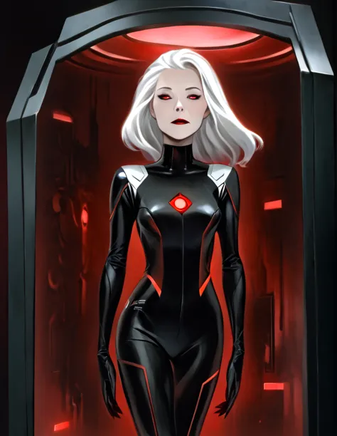 pale middle aged white haired woman wearing a black sci-fi body suit. she has a calm dead pan expression. she is laying inside a...