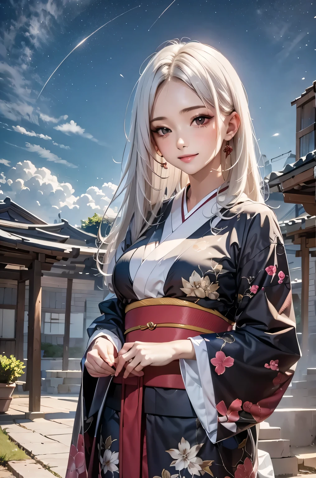 masterpiece, best quality, highly detailed, 1girl, white hair, face: sweet girl, laugh kimono, black kimono, Matte texture clothing. look up at the night sky.
