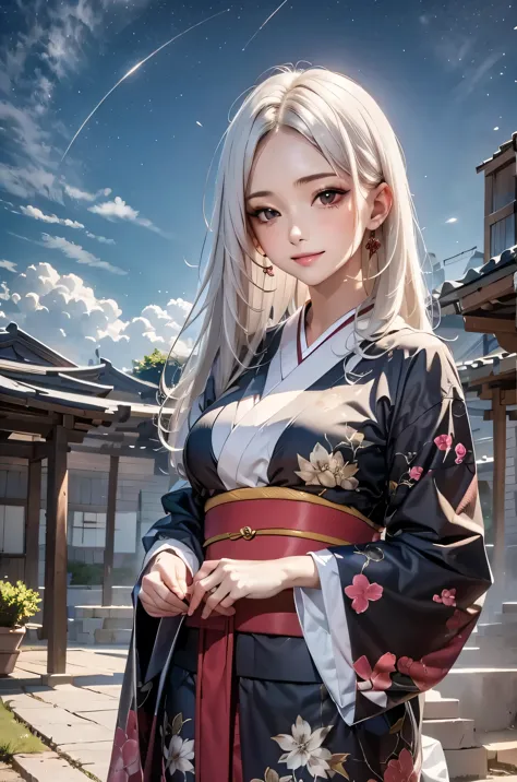 masterpiece, best quality, highly detailed, 1girl, white hair, face: sweet girl, laugh kimono, black kimono, matte texture cloth...