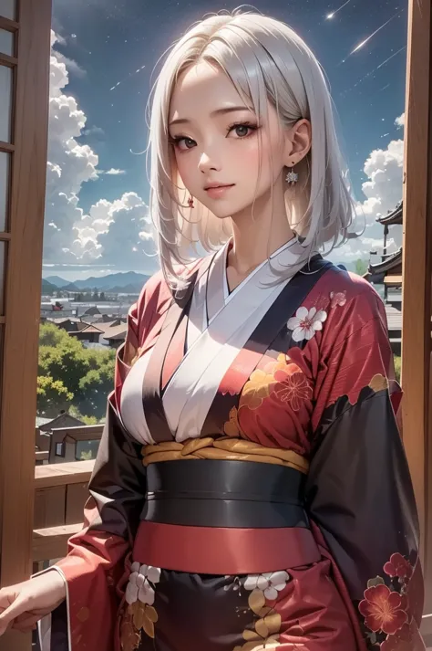 masterpiece, best quality, highly detailed, 1girl, white hair, face: sweet girl, laugh kimono, black kimono, matte texture cloth...