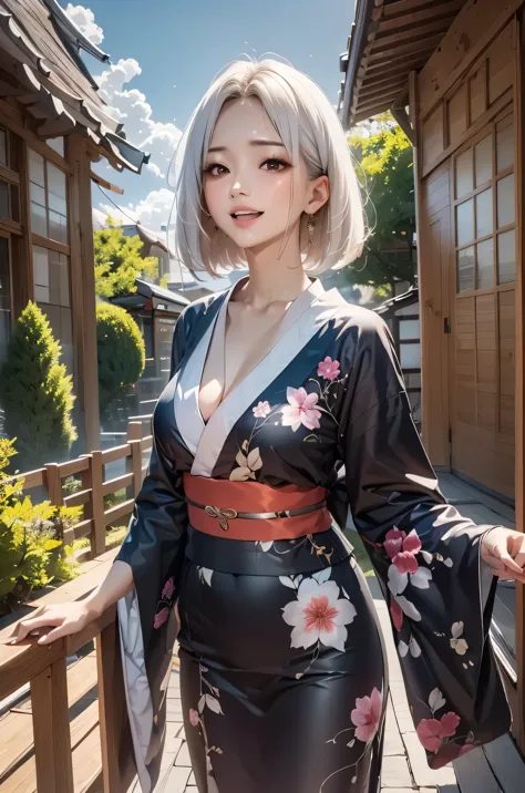 masterpiece, best quality, highly detailed, 1girl, white hair, face: sweet girl, laugh kimono, black kimono, matte texture cloth...