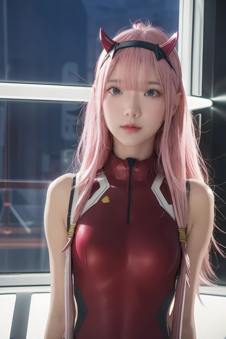 dynamic angle,ultra-detailed, illustration, straight on, 1girl, ((Zero two, interface headband with a pair of horns, red bodysuit:1.4, pink hair)), Her eyes shone like dreamy stars,(glowing eyes:1.233),(beautiful and detailed eyes:1.1),(expressionless, closed mouth),(standing), (mechanic room with tools and spaceship window in a white SPACESHIP), (night:1.2), dreamy, dynamic pose,